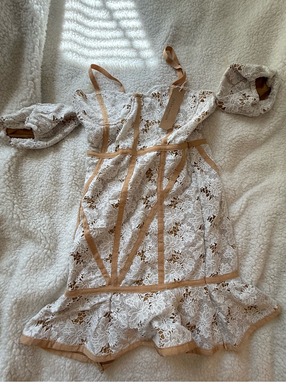 Jella Couture White Lace Dress with Tan Trim